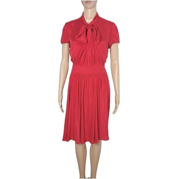 AEFFE SPA Red 100% Silk Pleated Bow Tie Cocktail Dress Women's Size 8 - Picture 3 of 16